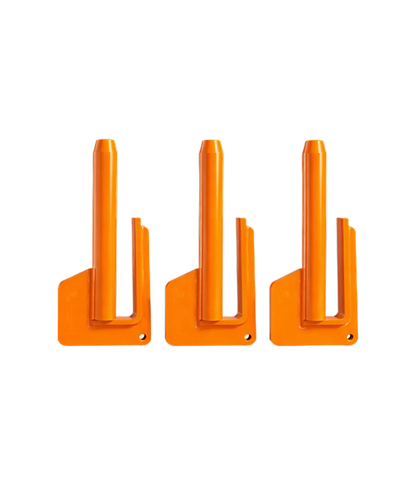 Three orange plastic stands on a white background