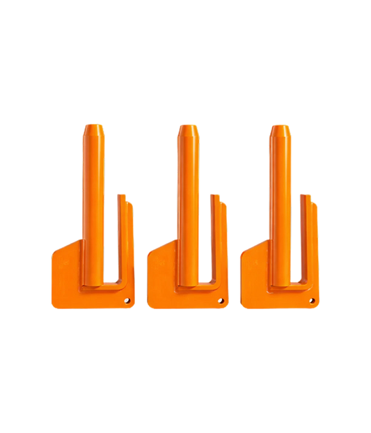 Three orange plastic stands on a white background