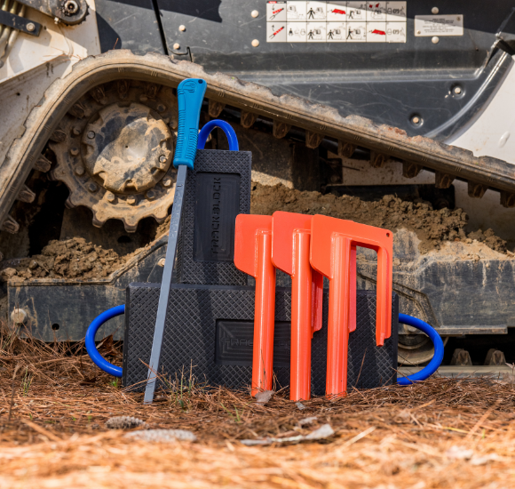 Black TrackBlock system with orange track bar markers and blue handles, placed near construction equipment tracks