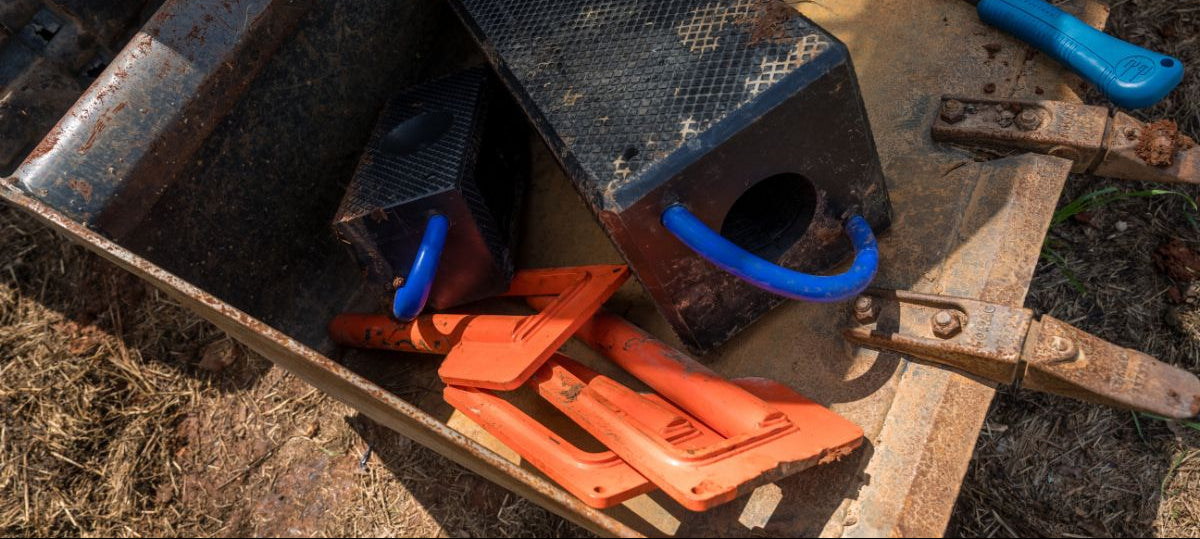 Orange plastic wedges and blue-handled tools in a rusty metal bin outdoors
